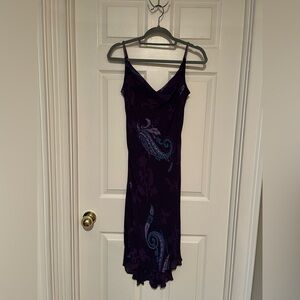 Purple/Teal Paisley Slip Dress - Elegant Beaded Spaghetti Strap, Petite size 4